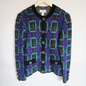 VTG Doncaster Mohair Cardigan Jacket M Medium Purple Teal Plaid Gold Button 90s